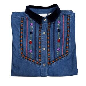 90s Vintage Blue Denim Embroidered Velvet Collar Shirt Western Folk Cottagecore